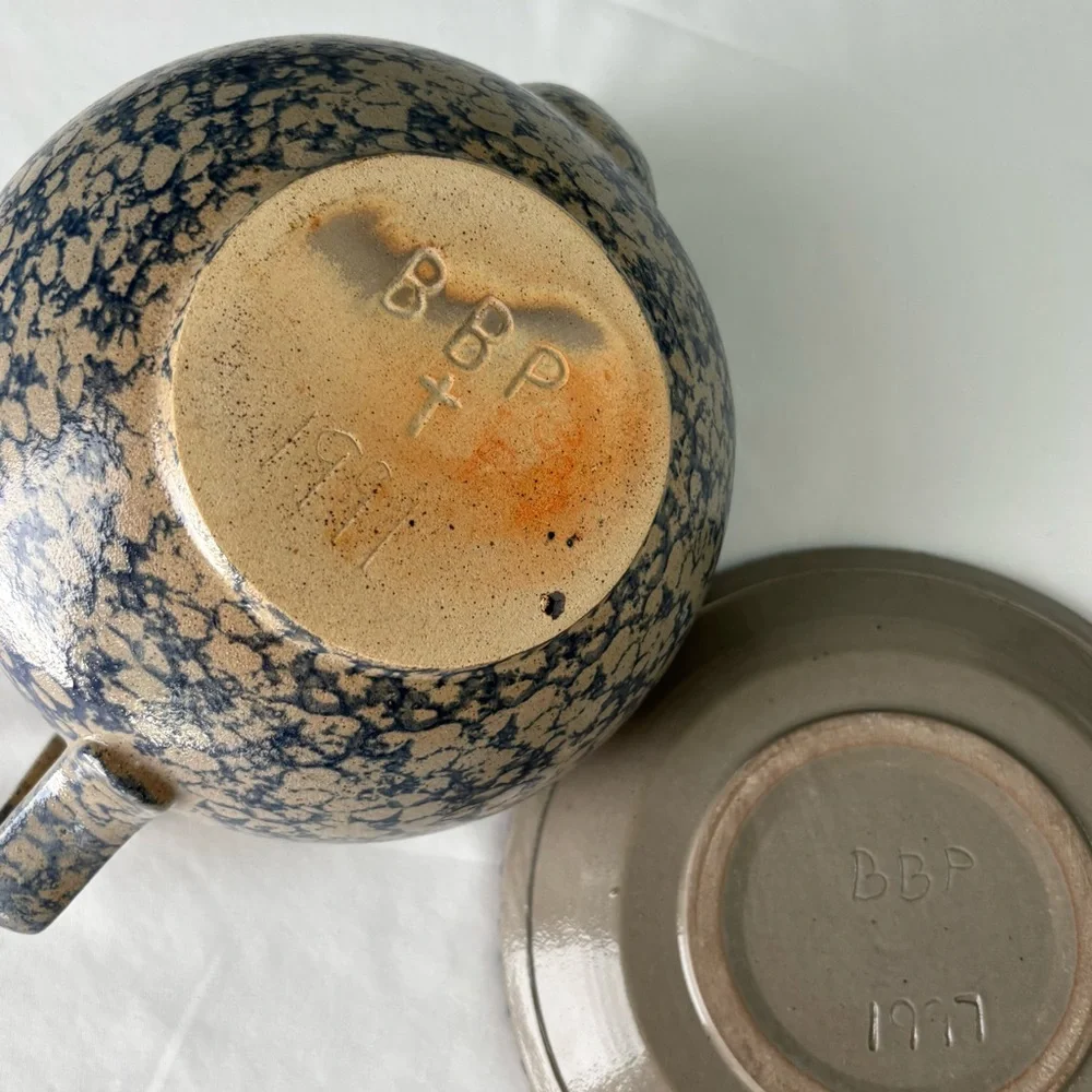 Beaumont Brothers Pottery Blue and Gray Salt Glaze Tea/Coffee Pot With Plate